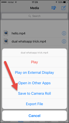 Chọn "Save to Camera Roll" để lưu video vào kho ảnh của iphone hoặc ipad của mình