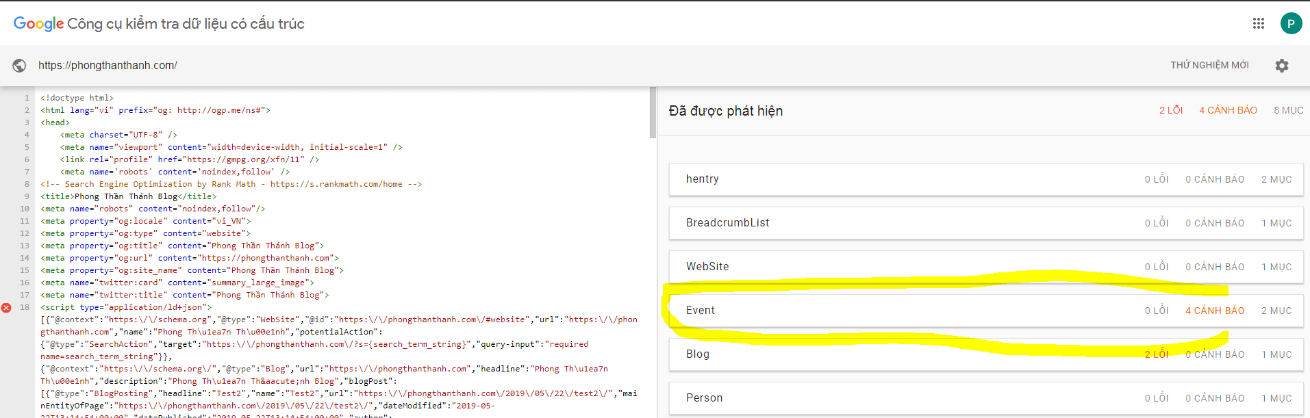 cách check schema event vào website