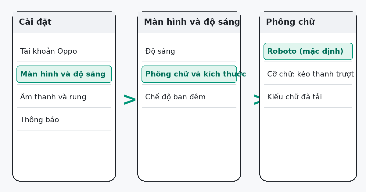 Đường dẫn đổi font chữ Oppo A5s trong Cài đặt, mục Màn hình và độ sáng
