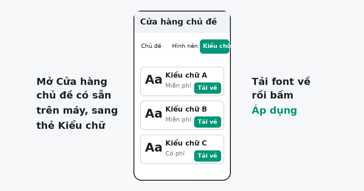 Tải font chữ cho Oppo A5s trong Cửa hàng chủ đề, thẻ Kiểu chữ